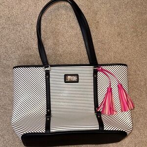 Nine West Black and White Striped Tote with Pink Accents
